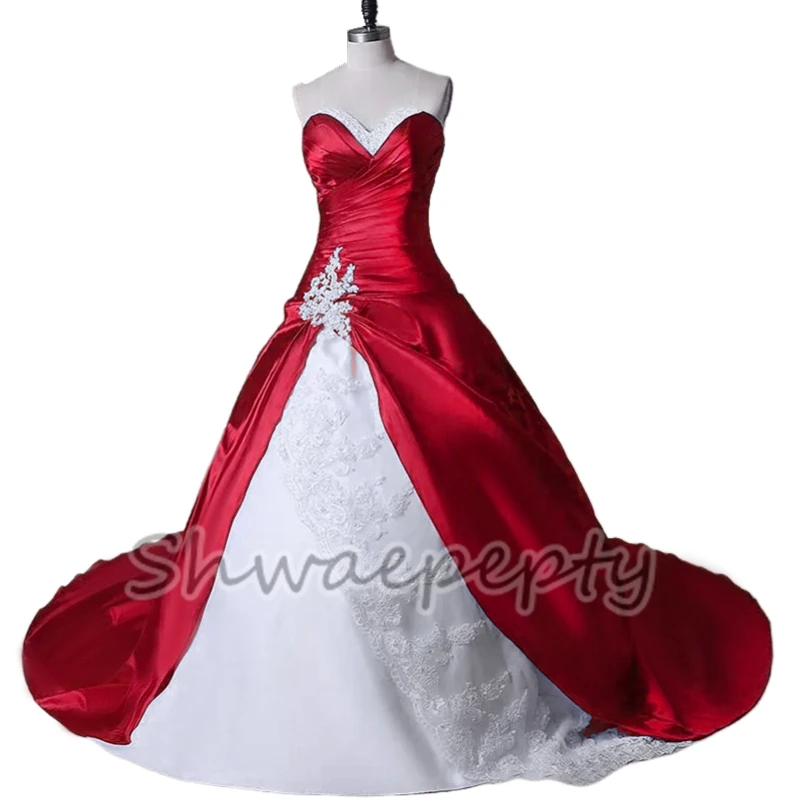 Vintage Wedding Dress Chapel Train Ruched Corset Satin Ball Gown Long Red And White Bridal Gowns Customized