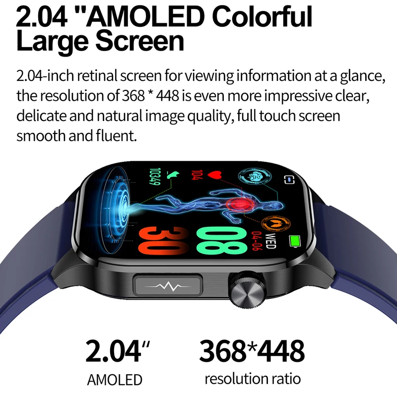 NAMOFOTO AMOLED BMI ECG 혈액 지질 압력 산소 SOS BT 통화 피트니스 스마트 워치, 남성용 스마트워치, 2.04 인치, 2024 신제품