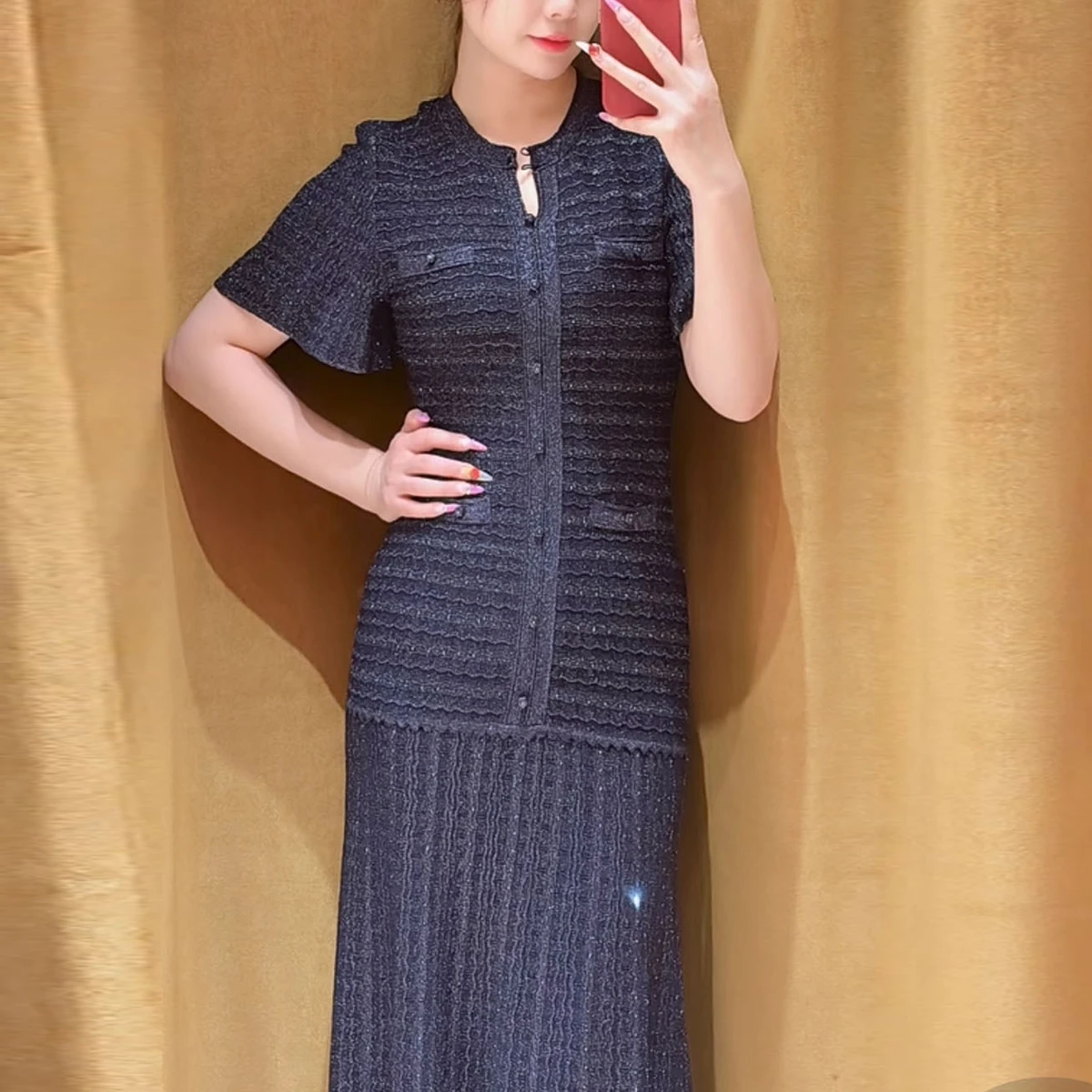 

Women Knitted Midi Dress 2 Colors Short Sleeved Elegant Round Neck Diamond Embellished Ladies Waist Cinched Long Robe