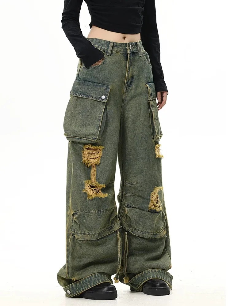 Women's Vintage Jeans Y2K American Harajuku Streetwear 90s Aesthetic Multi Pocket 2000s Style Loose Wide Leg Jeans Clothing 2025