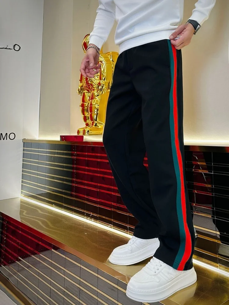

Мужские повседневные спортивные брюки Осень 2025: Полосатые, свободного кроя, класса люкс, прямые, модные, с пэчворком, на эластичном поясе, для бизнеса и повседневной носки