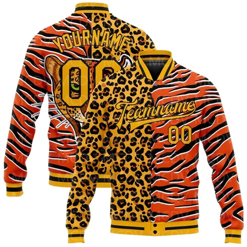 Custom Black Teal Tiger And Leopard Print 3D Pattern Design Bomber Full-Snap Varsity Letterman Jacket