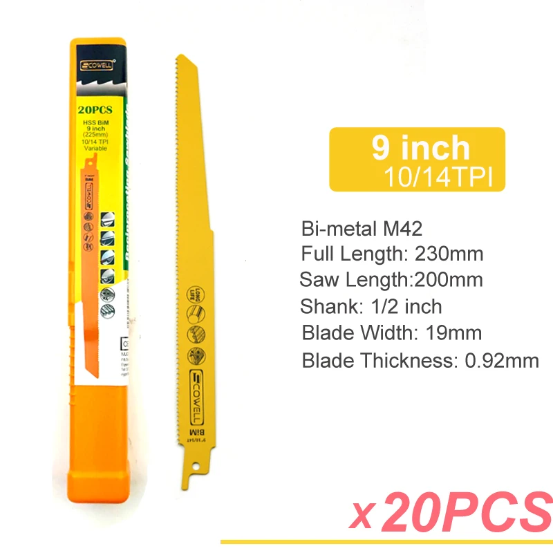 20 embalagem SCOWELL 9 "IN 10/14TPI Dentes variáveis Bimetálico M42 Sabre de demolição Lâminas de serra alternativas para multiuso