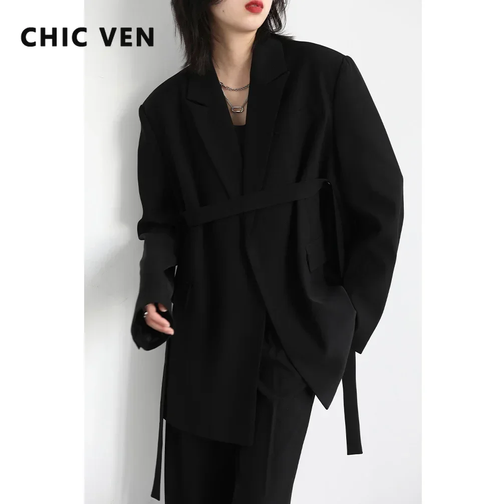 CHIC VEN Women Blazer Design Wide Shoulder Ribbon Solid Women\'s Medium Long Coat Office Lady Female Overcoat Spring Autumn 2022