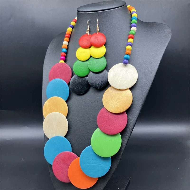 Statement Africa Nigera Style Colorful Round Wood Necklace Earrings Set Bohemian Long Wooden Disc Necklace For Women