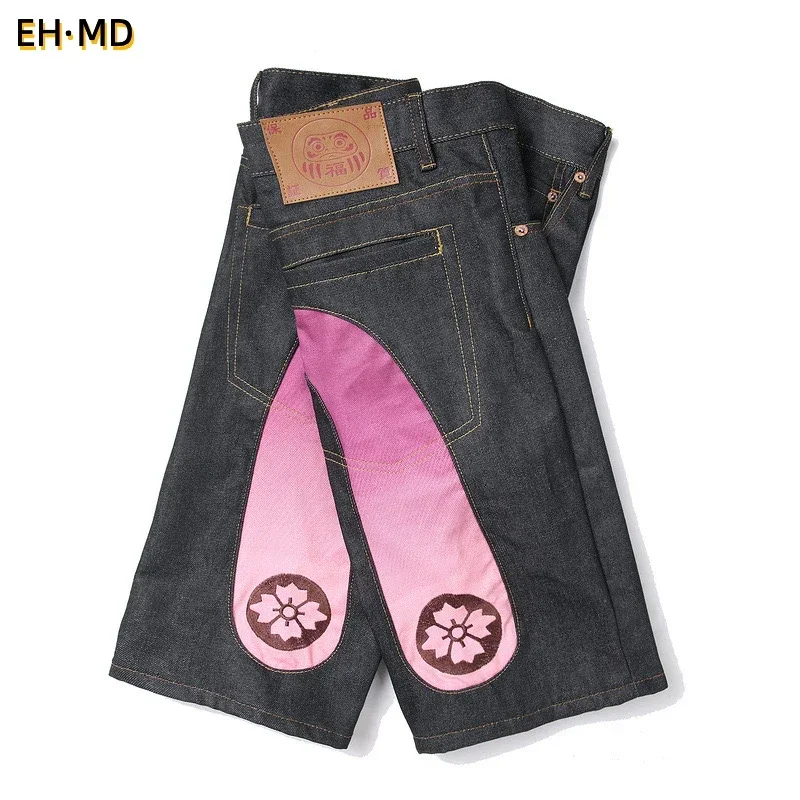 Männer Stickerei Denim Shorts schwarz HipHop Jeans Hosen Kirschblüte Drachen Totem gewaschen Reiß verschluss Baumwolle Sommer Kirschblüten 024