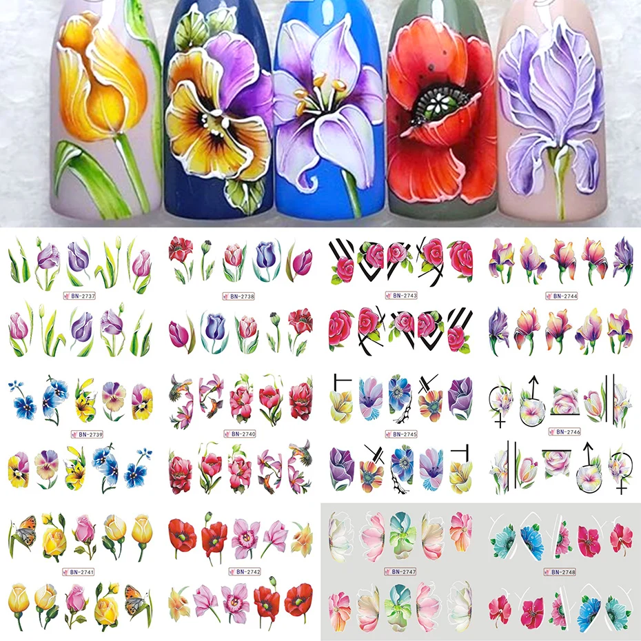 12pcs Flower Nail Stickers Big Flower Green Leaf Geometric Line Floral Petal Sliders Water Transfor Spring Summer Manicure Decal