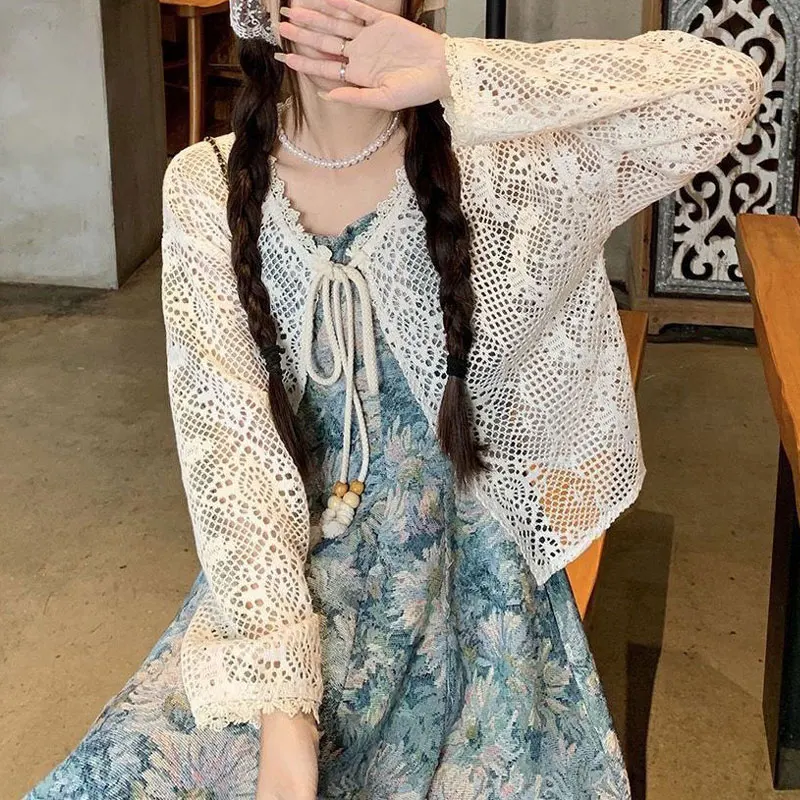 

French Style Matching Sets Vintage Oil Painting Broken Flowers Women's Knitted Lace Two Piece Set Summer Slip Long Dress Sets