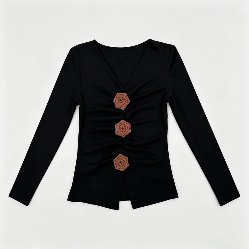 Spring,Fall,European,Clothes,Cotton,T-Shirt,Fashion,Sexy,3D,Flower,Drape,Pullover,Women,Tops,Long Sleeve,Tees,2026,New,6828001