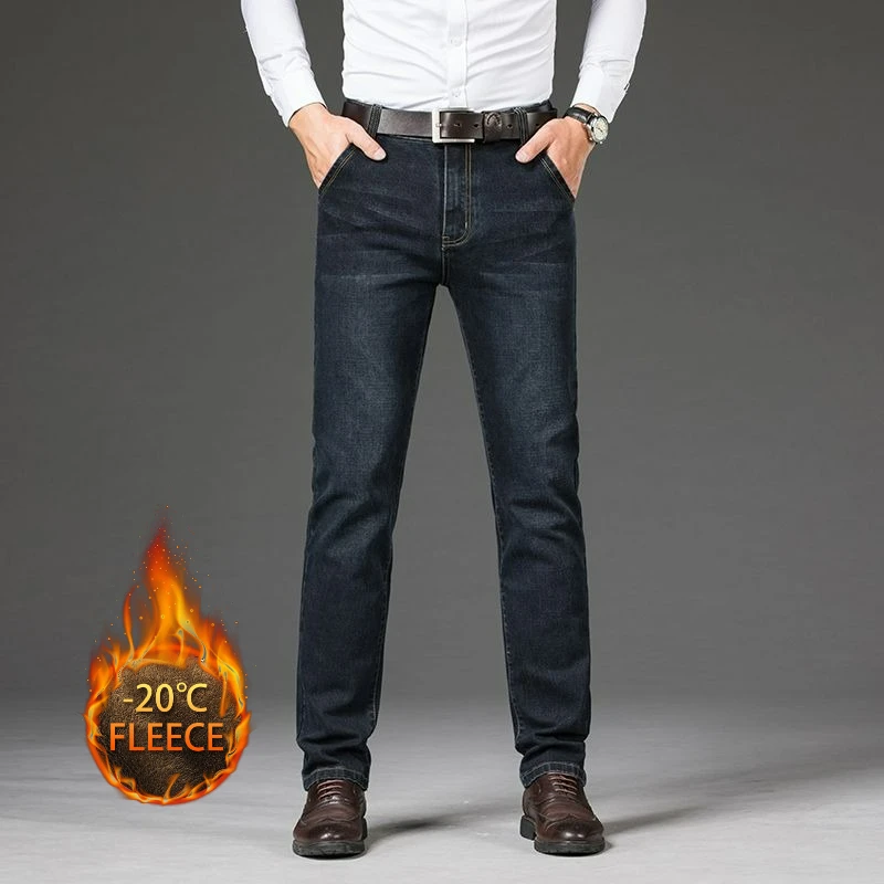 Осень-зима, теплые мужские джинсы, флисовые утолщенные эластичные черные, синие деловые прямые повседневные джинсовые брюки, брендовая мужская плюшевая одежда