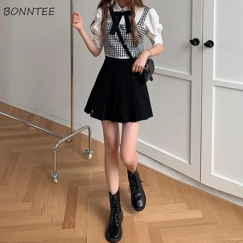 Plaid Tanks Sets Women 3 Pcs Sweet Design Shirts Preppy Style Ladies Mini Skirts Folds Summer Side-slit Stylish Casual Daily BF