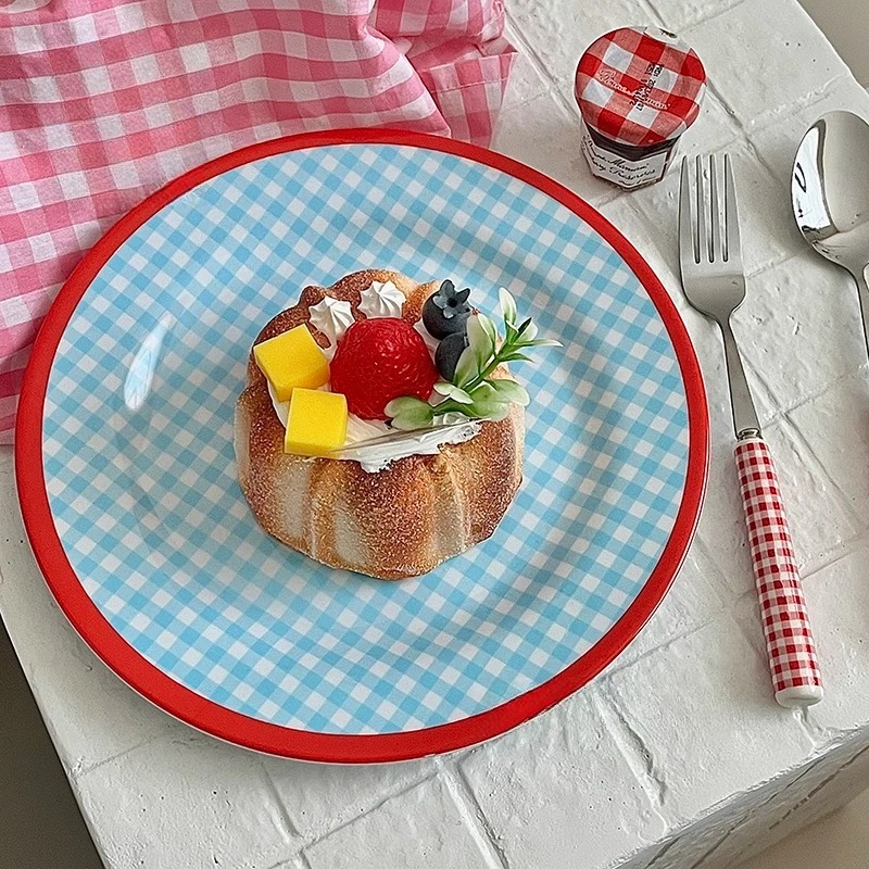 

Retro blue plaid melamine plate, breakfast plate, versatile household fruit plate