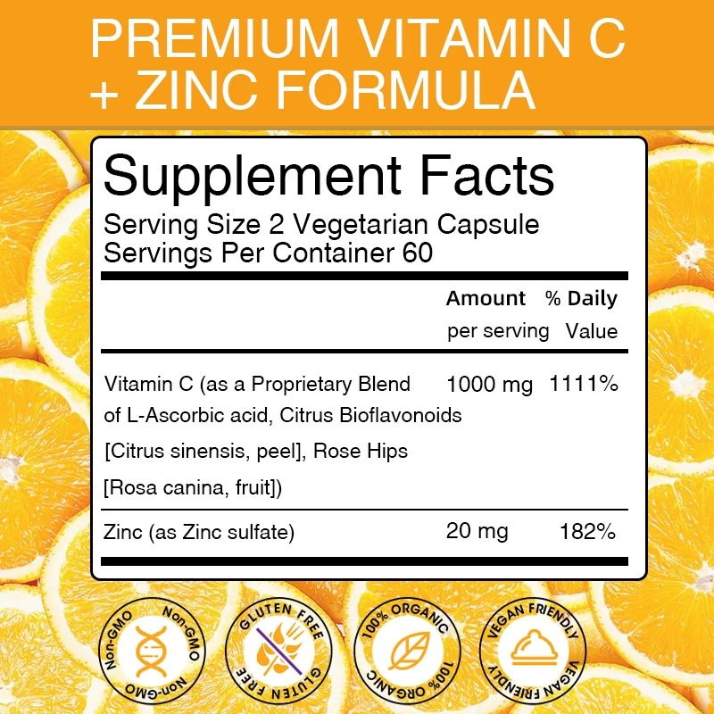 Vitamin C 1000mg with Zinc 20mg 120 Capsules Vitamin Dietery Supplement | Non-GMO & Gluten Free Vegan