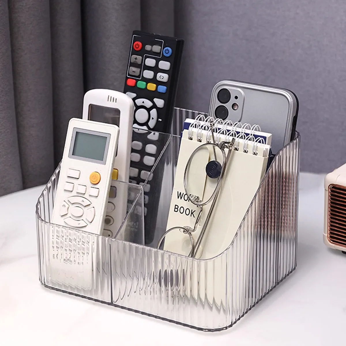 1pc Transparent Desktop Storage Box for Home Use, with Compartments, Remote Control, Makeup Brush Organizer