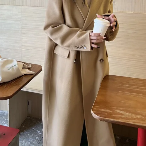 여성용 하이 엔드 핸드메이드 더블 브레스트 울 코트, 롱 100% 울 코트, 라펠, 루즈 워머 울 재킷, 한국 스타일, 2024 겨울