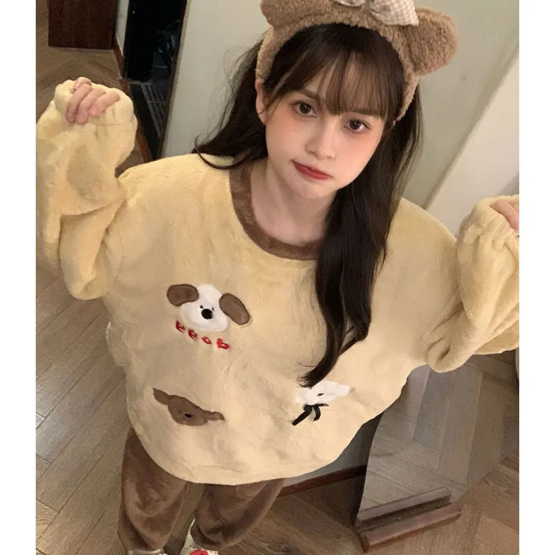 

Студенческий зимний женский пижамный комплект, фланелевой утепленный комплект ночного белья, мягкая липкая домашняя одежда, коралловый флис, одежда для сна с героями мультфильмов