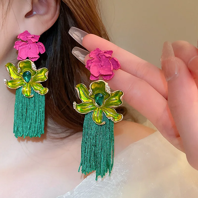 Drop oil inlay diamond flower rope tassel silver needle earring fashion senior sense temperament small earring