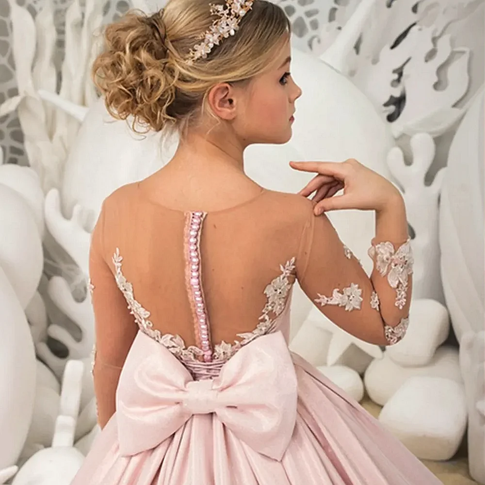 Rosa Blumen mädchen kleider mit Schleife, langem Tüll, Gold applikationen, Prinzessin Hochzeit Geburtstags feier kleid, Kinder wettbewerb Ballkleider