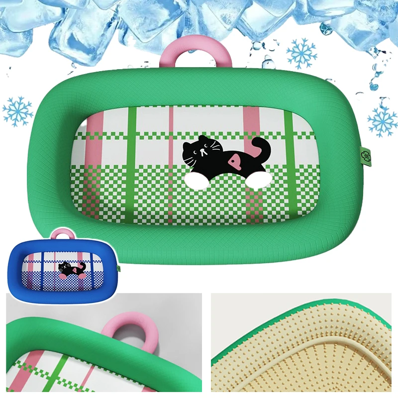 

Cartoon Ice Silk Cooling Cat Dog Mat Summer Breathable Non Slip Pet Nest with Neck Protection for Living Room Bedroom Balcony