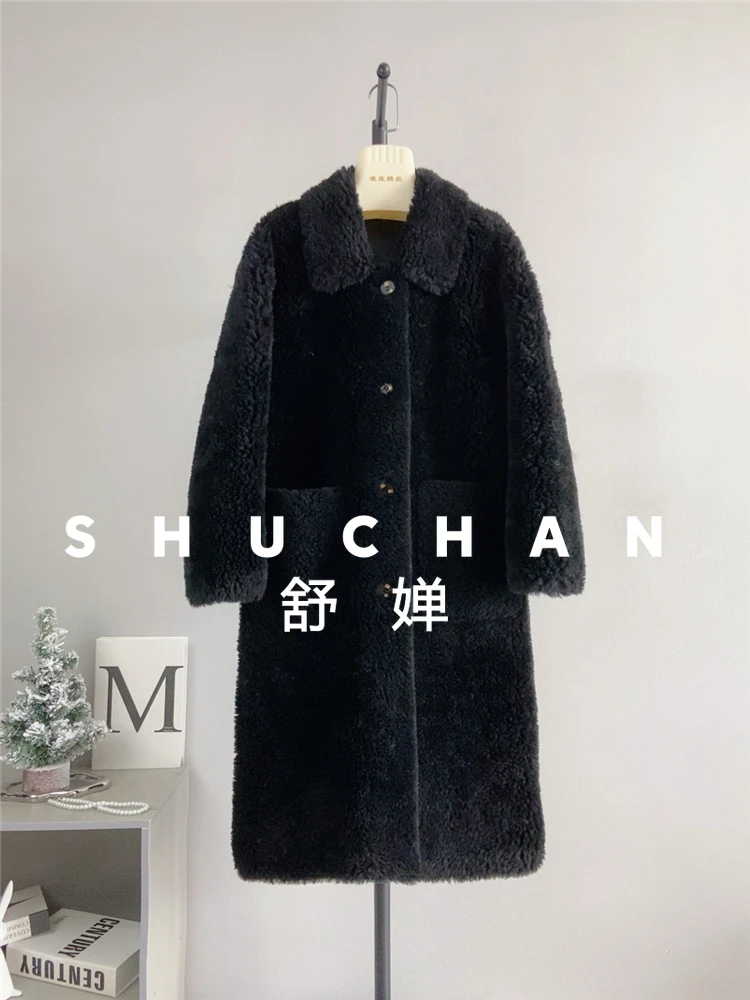 Cappotto di lana 100% Donna Nuovo caldo Tosatura delle pecore Cappotto monopetto con risvolto lungo Lana di agnello Casaco Feminino Inverno 2025