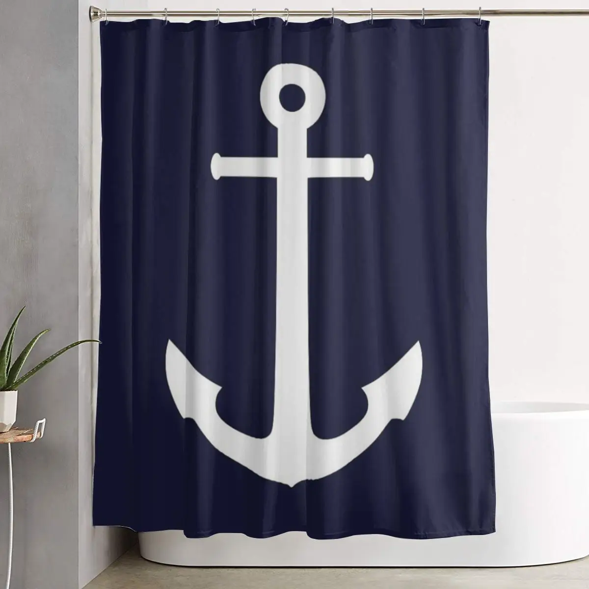 

Белая занавеска для душа с якорем на темно-синем фоне, полиэстеровая, водонепроницаемая, с крючками
