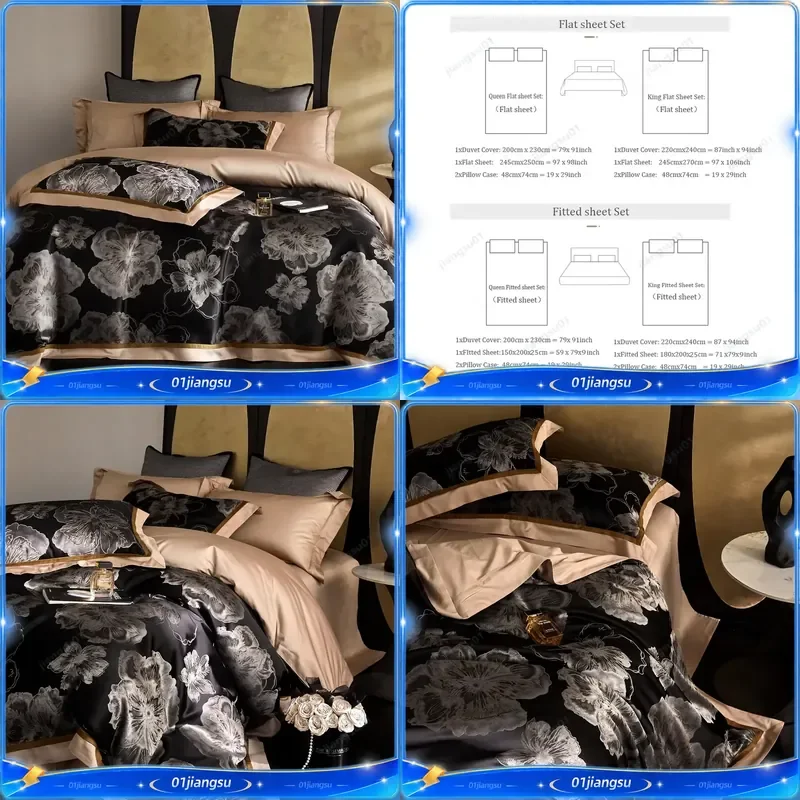 4Pcs Luxury Egyptian Cotton Satin Bedding Set Brocade Jacquard Duvet Cover Fitted Sheet Pillowcases Silky Soft Home Textile