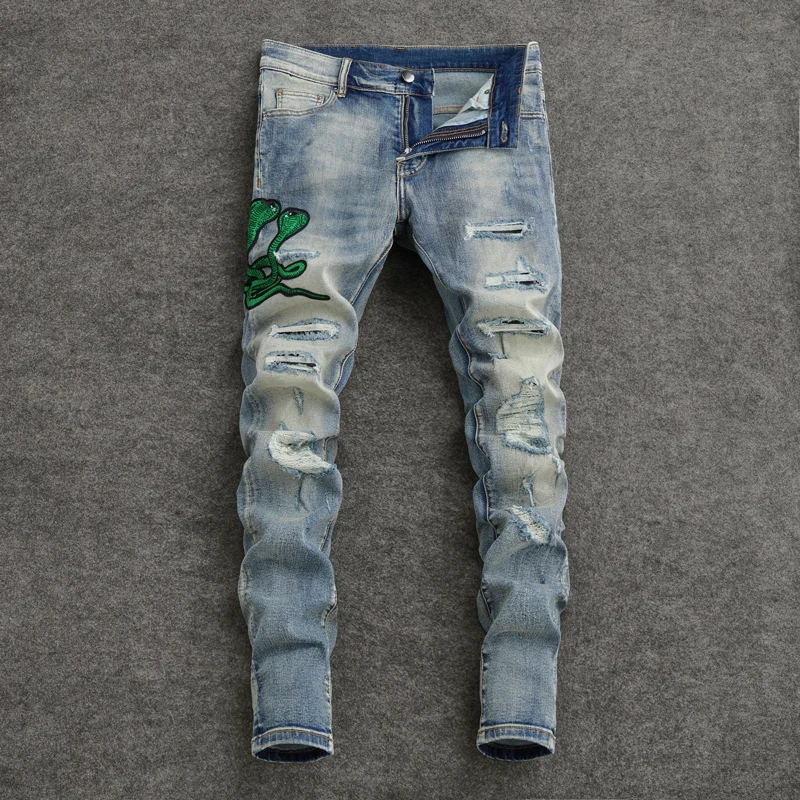

Мужские джинсы High Street Fashion: ретро-стиль, синие, стрейч, скинни, с кожаными нашивками, рваные, с вышивкой, дизайнерские брюки