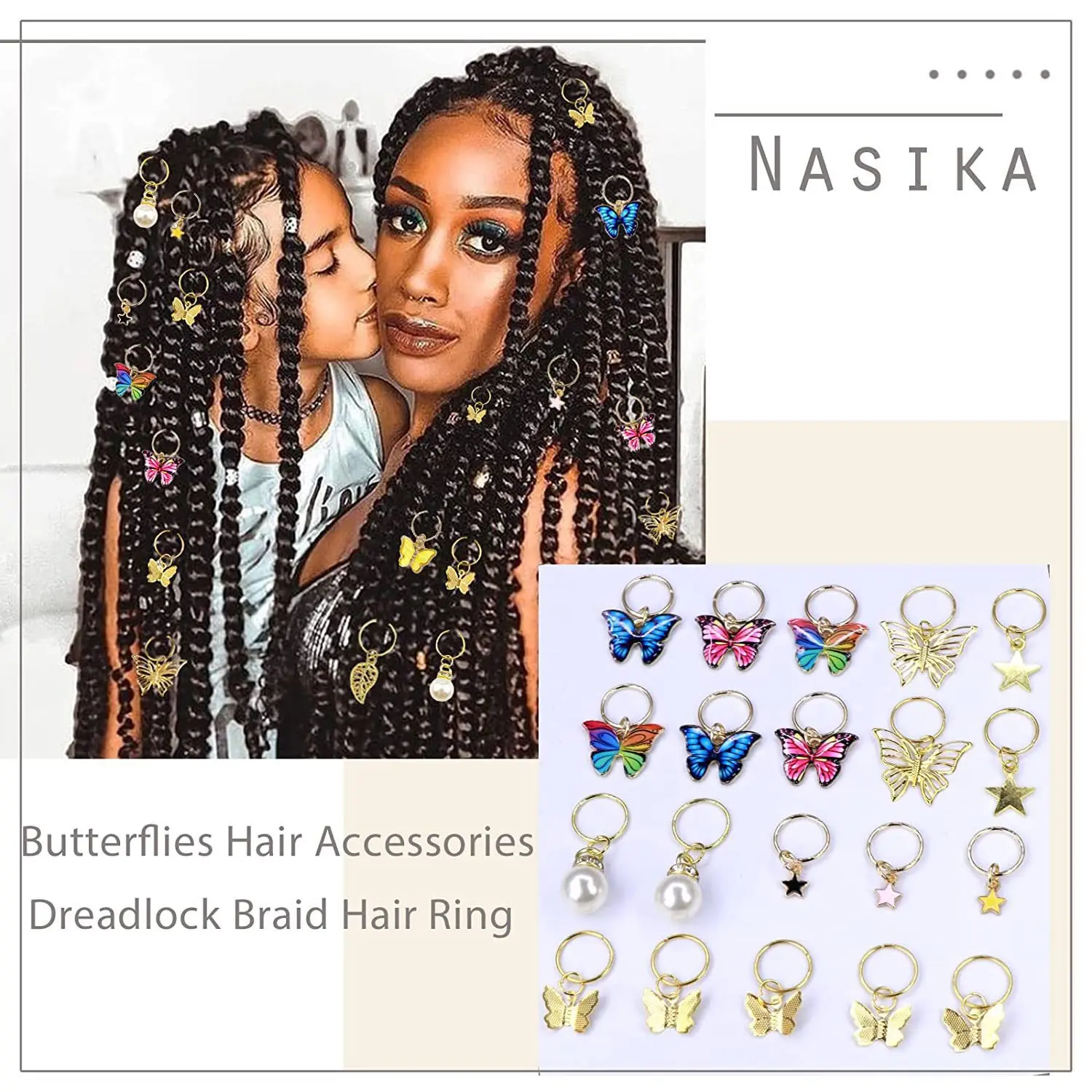

African Braiding Accessories 20Pcs Gold Butterfly Crystals Colorful Stars Pearl Dreadlock Jewelry Shimmering Hair Decor Gift