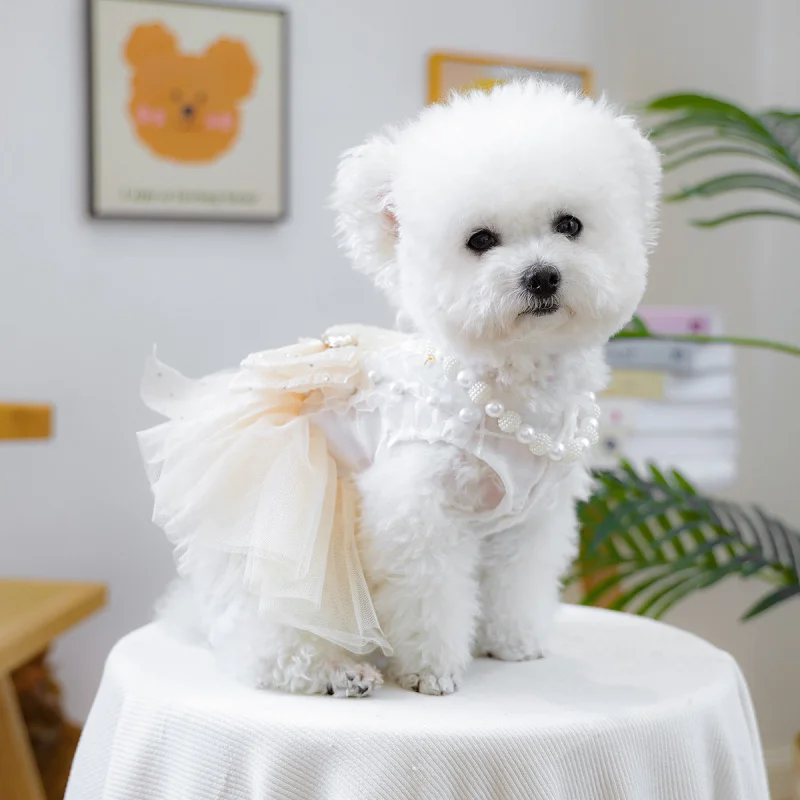 

Pet Dog TUTU Dress Pearl & Berry Necklace Spring Summer Princess Tulle Skirt, Cute Puppy Girl Fashion Outfit with Accessories