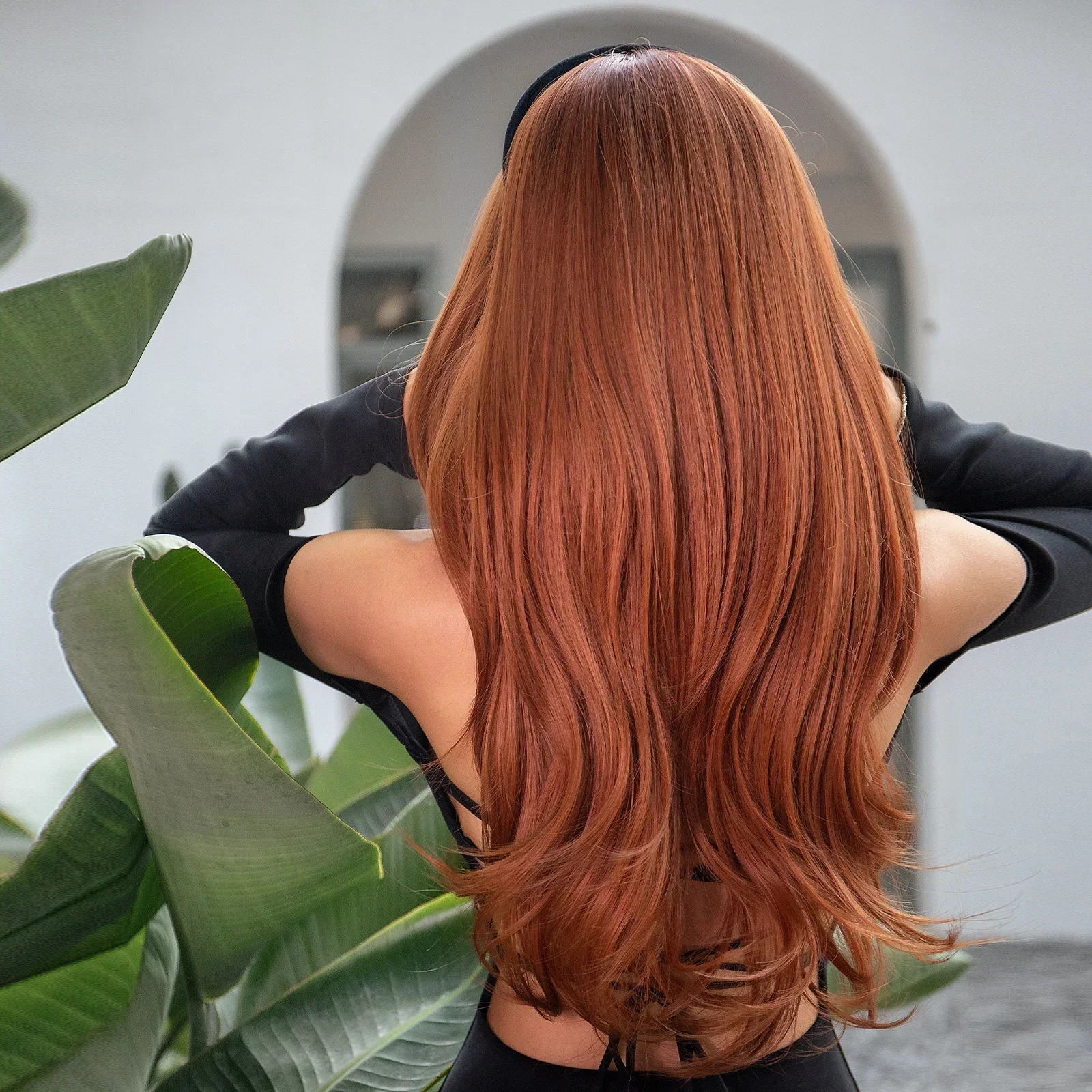 Pelucas sintéticas rectas largas con flequillo para mujer, cabello de Cosplay resistente al calor, rojo, marrón, cobre, jengibre