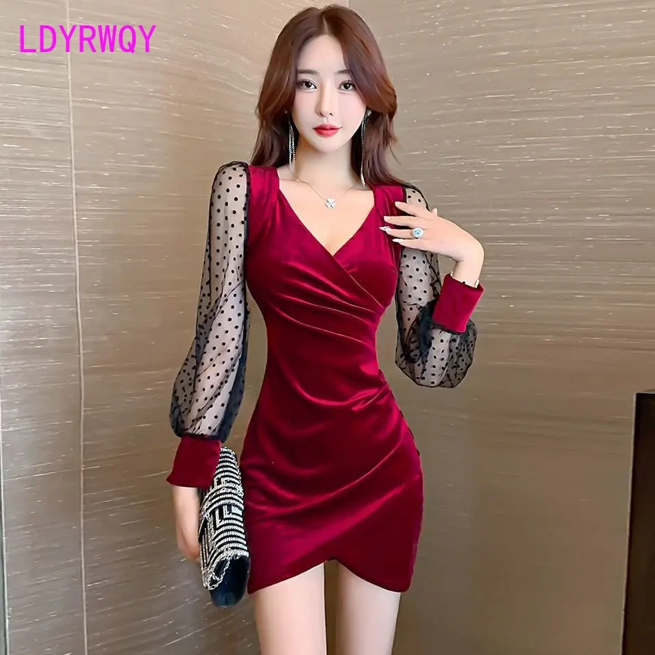 

Celebrity Temperament Dress Autumn New Sexy V-neck Low cut Mesh Splice Waist Slim Long Sleeve Hip Wrap