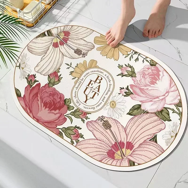 1pc Vintage flower soft diatomaceous mud floor mat, bathroom bathroom, toilet door mat, water absorption and anti slip speed