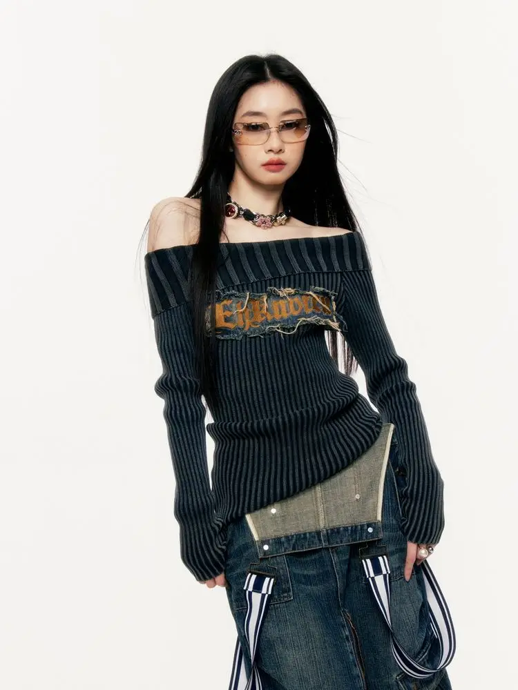 Female Slim Y2k Clothes Slash Neck Long Sleeve Striped Patchwork Letter Print Pullovers Vintage Harajuku Spring Autumn Sweaters