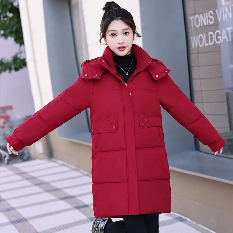 

Утепленное хлопковое пальто женское с отстегивающимся капюшоном, средней длины, свободного кроя, в корейском стиле, с декоративными пуговицами