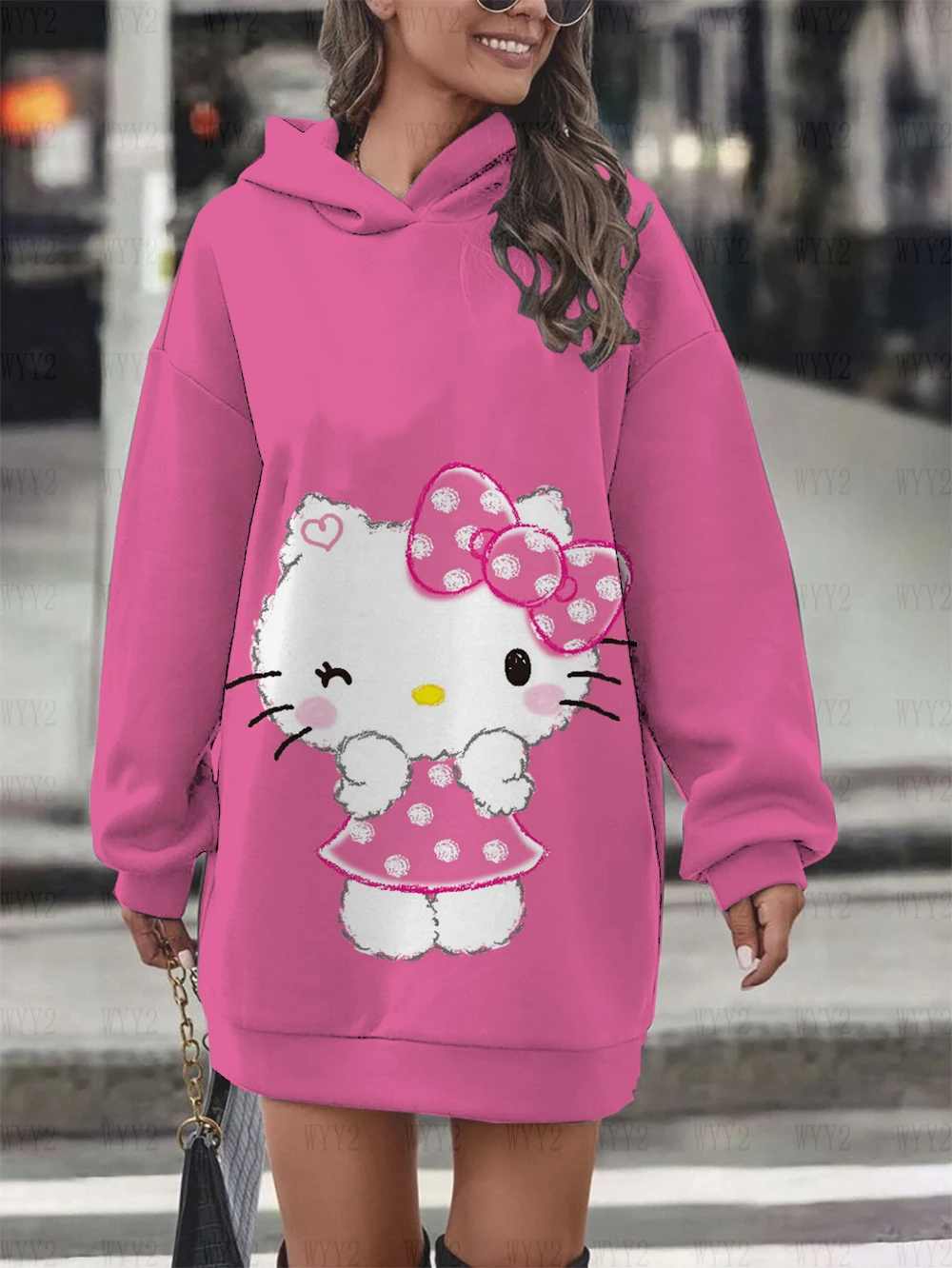 2024 Women\'s Street Style Casual Fashion Clothing Hello Kitty Print Women\'s Hooded Dress Sweater Warm Winter Clothing