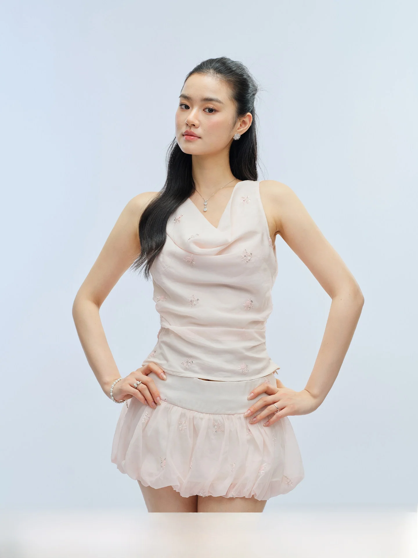 

J TheChosen Pink Embroidered Chiffon Puffy Sleeve Vest And Skirt Set Women's Fashion Summer Outfit Short Zipper Fit Style