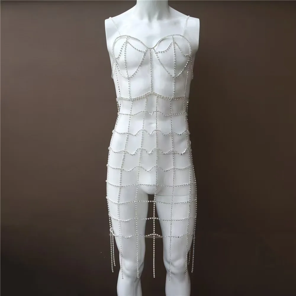 

"Pearl-Chain Grid Sheer Bodysuit with Tassel Details"