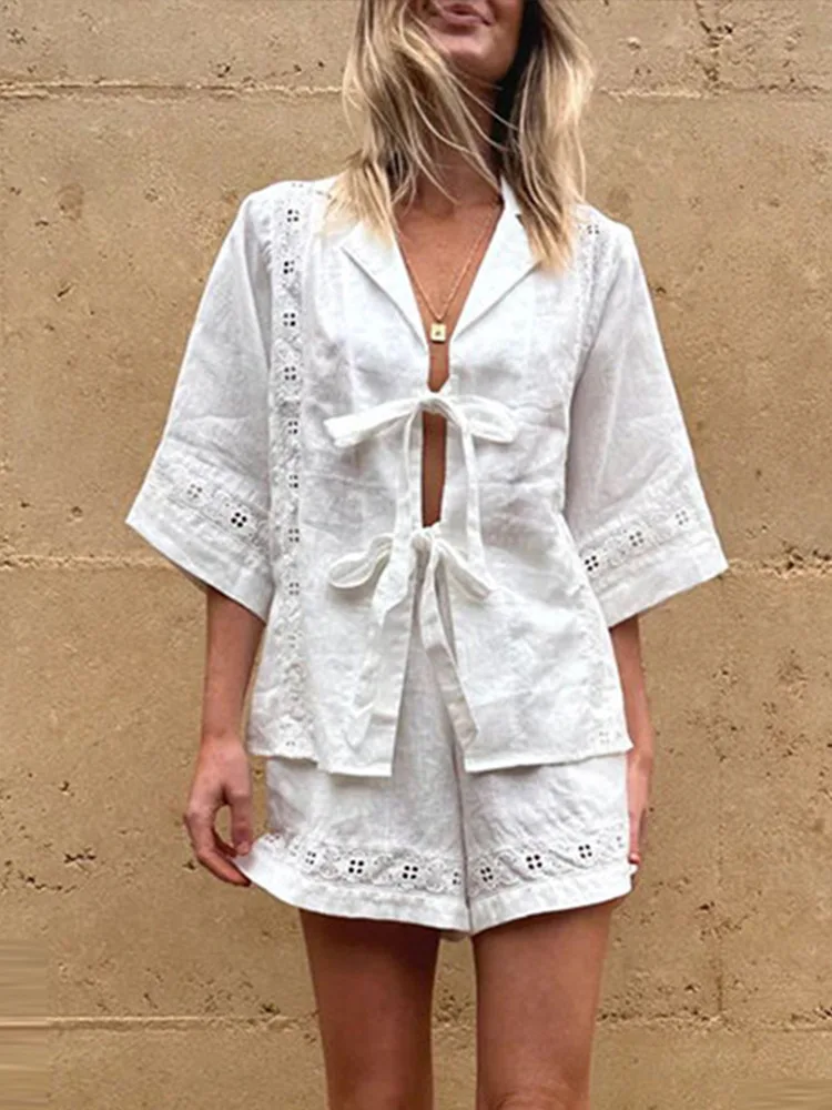 

2 Piece Summer Strappy Cut-Out Short Sleeve Shirt Shorts Set Lace Vintage Blouse Bell Sleeve Commuter Set For Casual Beach Wear