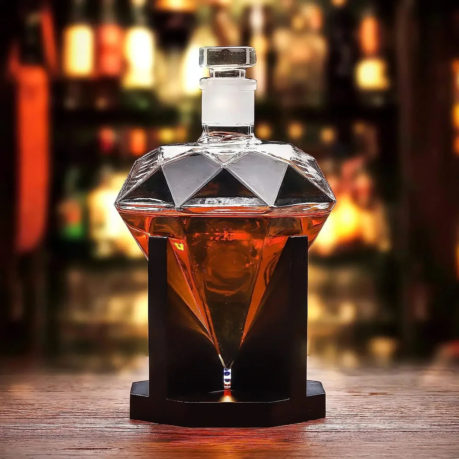 780ml Whiskey Decanter glass diamond wine bottle with Wooden Holder Airtight Stopper Suitable for all kinds of alcohol Gift