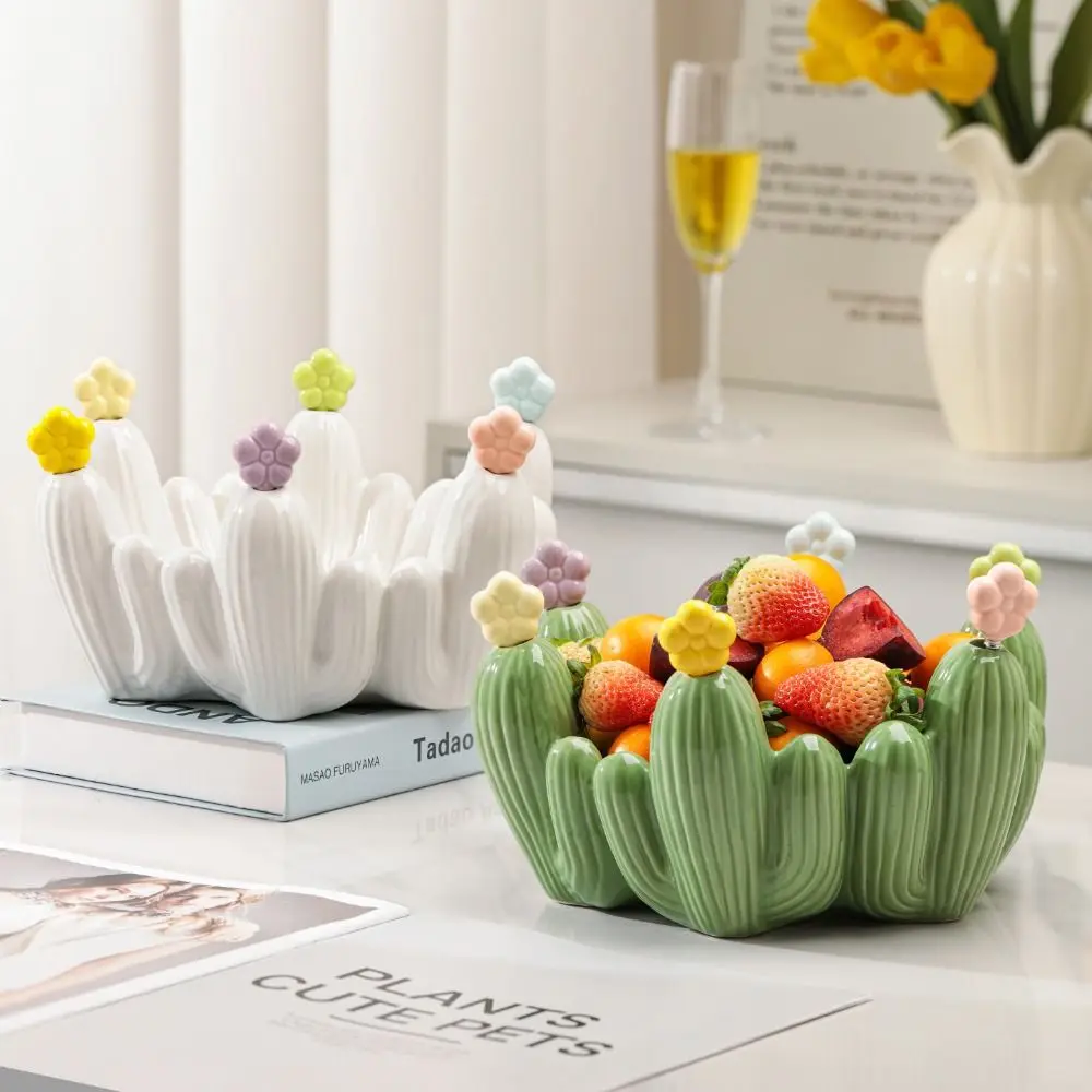 Creative Design Cactus Fruit Bowl Stainless Steel Forks Nordic Style Fruit Basin Fork Set Easy To Clean Reusable