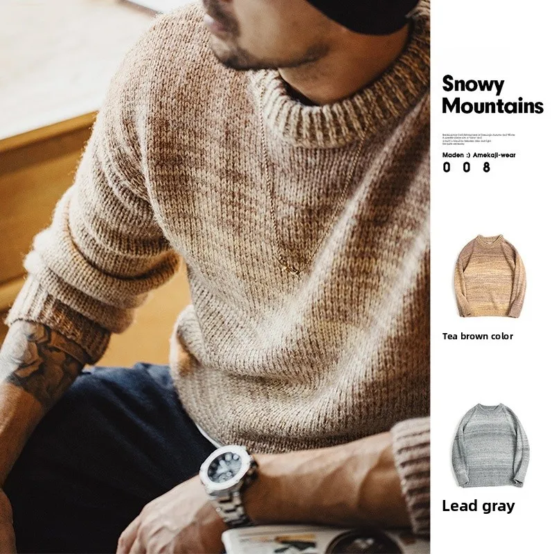 

Мужской вязаный свитер Maden Retro с полосками, круглым вырезом, в американском стиле, осенне-зимний, повседневный, теплый, комфортный, длинный