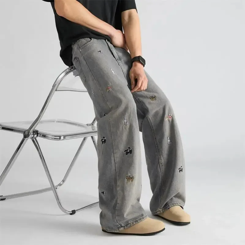 【Mirrordust】American Style Embroidered Vintage Jeans for Men Loose Wide-Leg Casual Long Pants Korean Style