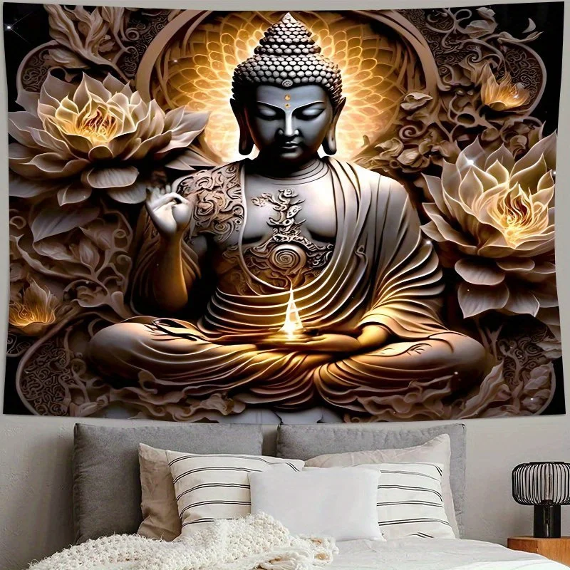 Sacred Buddha Tapestry Wall Art - Golden Lotus Mandala with Abhaya Mudra, Serene Meditation Room Decor