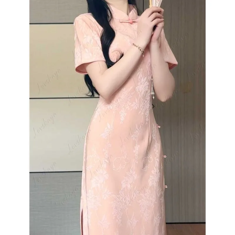 nuevo-vestido-qipao-estilo-chino-rosa-tejido-jacquard-retro-corte-entallado-cintura-ajustada-elegante