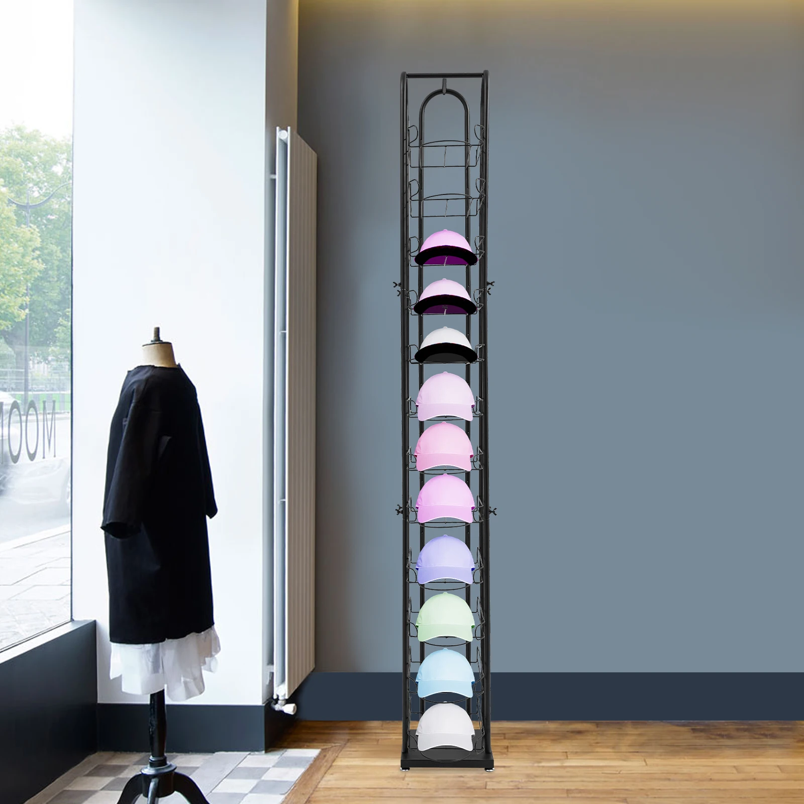 

Black Iron 198cm 12-layer Hat Rack Stable Large-capacity Storage Rack Vertical Hanging Hat Rack
