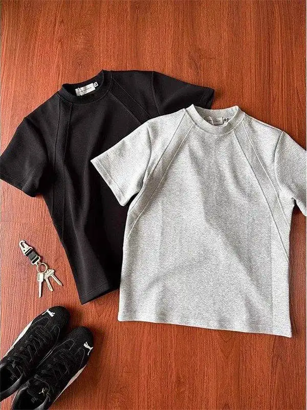 

ey Boxy Splice ort Sve Men's T-irt Summer American Heavyweight Hard And Stiff ort Ne f Sve Faionable Cas...