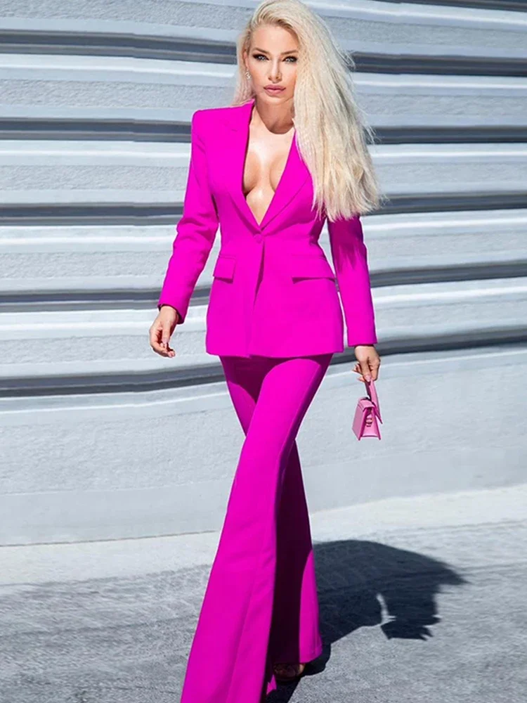 Outfits Blazer Pantsuits Women Two Piece Set Office Ladies Women Purple Business Single Buttons Flared Pants Formal Suit 2024