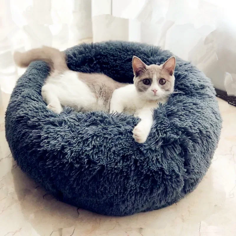 Round Plush Cat Bed House Soft Long Plush Cat House Pet Dog Bed for Small Dogs Cats Nest Winter Warm Sleeping Bed  Cat Mat Sofa