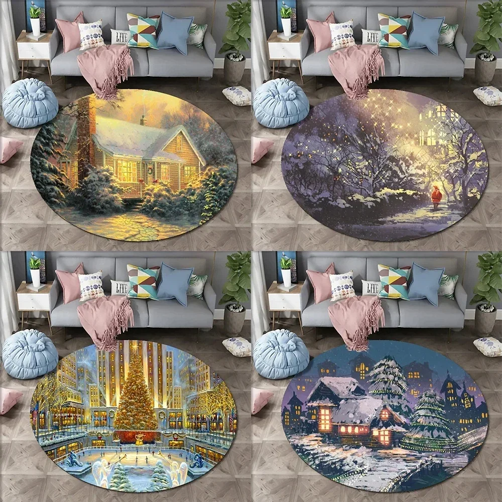 Christmas Eve Street Landscape Round Rug Cartoon Xmas Night Scenery Carpet Living Room Bedroom Floor Mat Home Entrance Door Mat