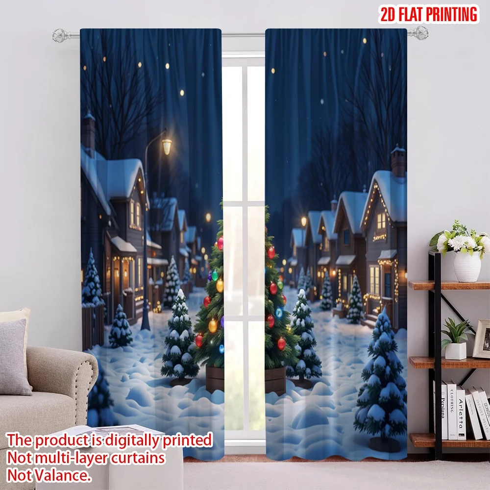 

2pcs 2D flat printing Merry Christmas Popular Window Curtains Winter snow street night scene Polyester Fabric Without